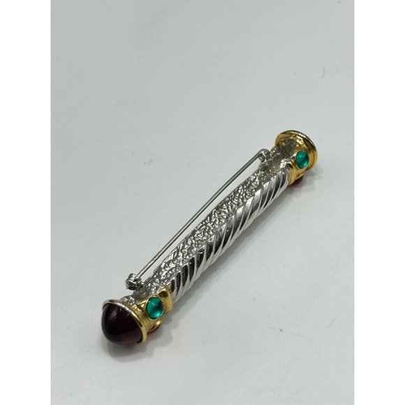 80s 90s Jeweled Bar Pin Brooch Two Tones Silver Gold Jewel Tones Glass Cabochons - Picture 5 of 7
